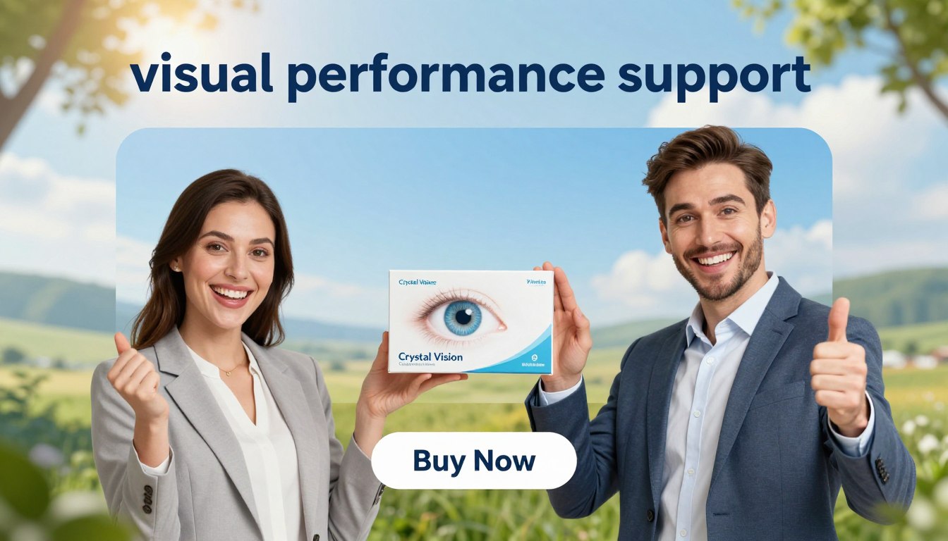 A vibrant, eye-catching image showcasing the concept of "visual performance support," featuring a confident man and woman in professional attire holding the Crystal Vision product with enthusiasm. They are positioned in the foreground, smiling and engaging with the viewer. The middle layer includes a soft-focus representation of a bright, clear vision, like a scenic landscape or a clear blue sky, symbolizing enhanced eye health. The background is a harmonious blend of calming colors to evoke a sense of trust and wellness, possibly with elements like gentle sunlight filtering through trees or soft clouds. The atmosphere is hopeful and encouraging. Include a “Buy Now” button below the product with the brand name "Health & Wellness" integrated seamlessly into the design. Lighting should be bright and inviting, with a slightly elevated angle for depth.