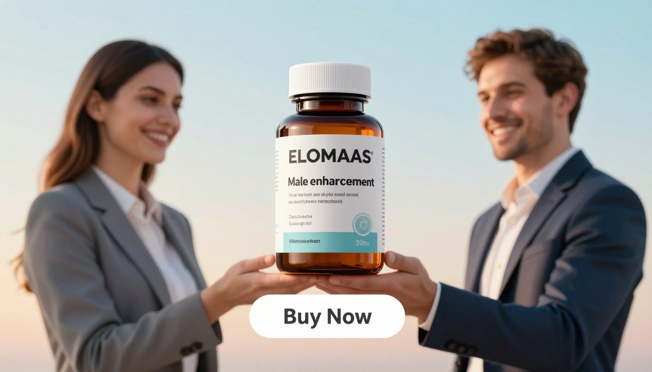 A vibrant, eye-catching product display featuring a sleek, modern bottle of "ELOMAAS" labeled prominently with the brand name "Male enhancement." In the foreground, a confident man and woman, both in professional business attire, are standing on either side of the product, smiling and showcasing it. The background features a subtle gradient of light colors that evokes a clean and fresh atmosphere. Soft, warm lighting highlights the bottle while casting gentle shadows to add depth. The scene is captured from a slightly low angle to give the product a more prominent presence, with an appealing "Buy Now" button placed below the product. The overall mood is inviting, professional, and encouraging, aimed at engaging prospective buyers. The composition ensures no text overlays, ensuring a focus on the product itself.