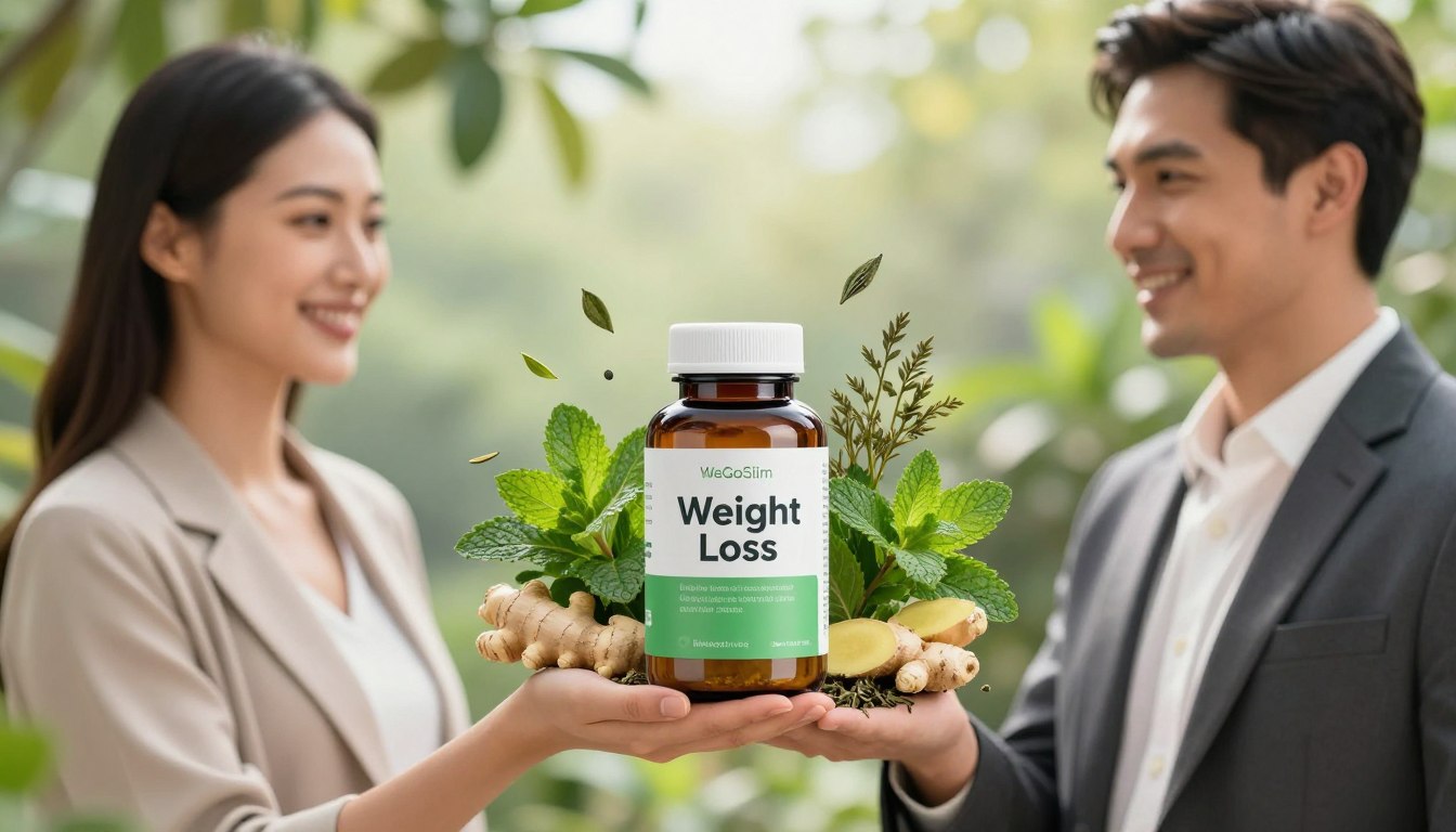 A vibrant, health-focused scene depicting a natural weight management solution. In the foreground, a man and woman smiling, holding a sleek, modern bottle labeled "Weight Loss" while wearing stylish, professional attire. The middle ground features fresh herbs like green tea, mint, and ginger artistically arranged around the product, symbolizing the natural ingredients of WeGoSlim. The background showcases a serene wellness environment, with soft light filtering through leaves, creating a calming atmosphere. Use a shallow depth of field to blur the background slightly, emphasizing the couple and the product. The overall mood is uplifting and inspiring, reflecting the essence of wellness and nature as a foundation for weight management. A vibrant, health-focused scene depicting a natural weight management solution. In the foreground, a man and woman smiling, holding a sleek, modern bottle labeled "Weight Loss" while wearing stylish, professional attire. The middle ground features fresh herbs like green tea, mint, and ginger artistically arranged around the product, symbolizing the natural ingredients of WeGoSlim. The background showcases a serene wellness environment, with soft light filtering through leaves, creating a calming atmosphere. Use a shallow depth of field to blur the background slightly, emphasizing the couple and the product. The overall mood is uplifting and inspiring, reflecting the essence of wellness and nature as a foundation for weight management.