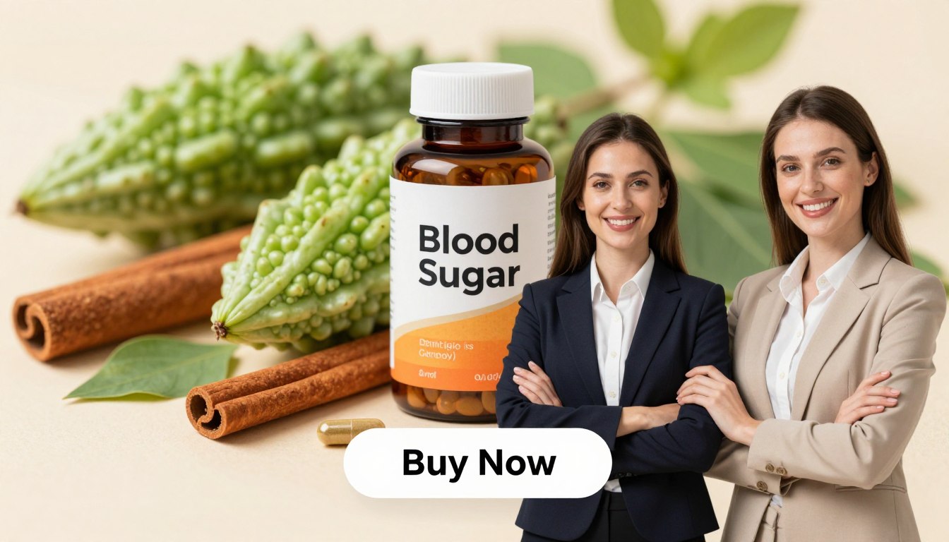 A vibrant, high-quality product image showcasing "Blood Sugar" capsules as the focal point, set against a soft-focus background of fresh, natural ingredients like cinnamon, bitter melon, and gymnema leaves symbolizing their natural origin. In the foreground, a professional-looking man and woman in business attire are holding the capsule bottle with confident smiles, emphasizing trust and effectiveness. Below them, a prominent "Buy Now" button complements the image. The lighting is bright and inviting, with a warm ambiance that conveys a sense of health and wellness. The composition is balanced, with a shallow depth of field to draw attention to the product and the cheerful, supportive expressions of the individuals. A vibrant, high-quality product image showcasing "Blood Sugar" capsules as the focal point, set against a soft-focus background of fresh, natural ingredients like cinnamon, bitter melon, and gymnema leaves symbolizing their natural origin. In the foreground, a professional-looking man and woman in business attire are holding the capsule bottle with confident smiles, emphasizing trust and effectiveness. Below them, a prominent "Buy Now" button complements the image. The lighting is bright and inviting, with a warm ambiance that conveys a sense of health and wellness. The composition is balanced, with a shallow depth of field to draw attention to the product and the cheerful, supportive expressions of the individuals.