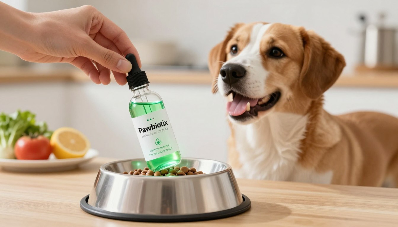A vibrant image depicting a healthy dog bowl set against a warm, inviting kitchen backdrop. In the foreground, a hand gently holds a dropper bottle labeled "Pawbiotix," filled with a luminous green liquid symbolizing gut health. The bottle is interactive, highlighting its benefits for dog microbiome health, with a glowing effect and a clear price tag next to it. The midground features a happy, playful dog eagerly anticipating its meal, exuding vitality and wellness. In the background, soft lighting illuminates a clean environment with a subtle focus on dog-friendly food ingredients, creating a calming atmosphere. The scene evokes a sense of security and joy surrounding pet health, emphasizing the importance of gut microbiome without any text or distractions. A vibrant image depicting a healthy dog bowl set against a warm, inviting kitchen backdrop. In the foreground, a hand gently holds a dropper bottle labeled "Pawbiotix," filled with a luminous green liquid symbolizing gut health. The bottle is interactive, highlighting its benefits for dog microbiome health, with a glowing effect and a clear price tag next to it. The midground features a happy, playful dog eagerly anticipating its meal, exuding vitality and wellness. In the background, soft lighting illuminates a clean environment with a subtle focus on dog-friendly food ingredients, creating a calming atmosphere. The scene evokes a sense of security and joy surrounding pet health, emphasizing the importance of gut microbiome without any text or distractions.