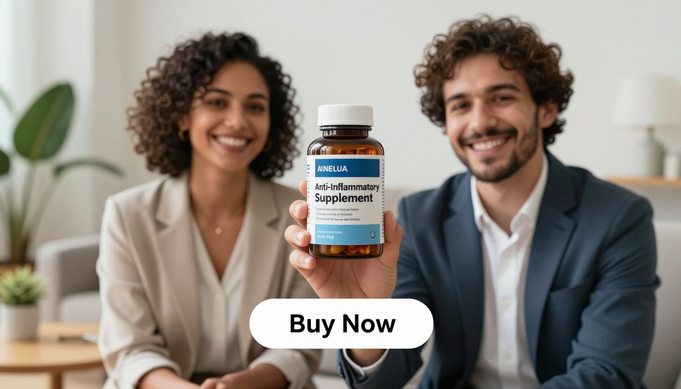 A vibrant image of a joint stiffness relief supplement, with a focus on the product “Anti-Inflammatory Supplement”. In the foreground, a diverse man and woman, dressed in professional business attire, are smiling and holding the supplement bottle confidently, showcasing its benefits. The middle ground features a clearly labeled “Buy Now” button beneath them, emphasizing action. The background is softly blurred, highlighting a cozy living room setting with warm lighting, creating an inviting atmosphere. Natural elements such as a potted plant and a wooden table are subtly included, reinforcing the theme of health and wellness. The lighting is bright yet soft, capturing a hopeful and positive mood while ensuring no text overlays or watermarks are present.