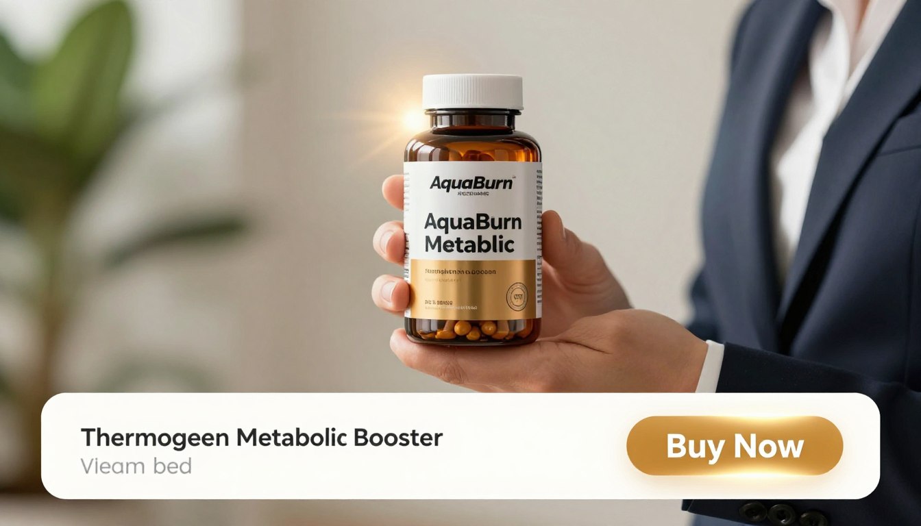 A vibrant image showcasing a hand holding a bottle of AquaBurn 2325MG capsules, prominently featuring the label "Thermogenic Metabolic Booster." The hand should be dressed in a professional outfit, conveying trust and credibility. The background should be a soft-focus natural setting, perhaps a serene indoor environment with hints of greenery, creating an atmosphere of wellness and vitality. The lighting should be warm and inviting, with a slight glow around the product to emphasize its natural fat-burning qualities. In the foreground, incorporate a clean ad banner with a subtle price tag and a glowing "Buy Now" button, enhancing the promotional aspect without overwhelming the overall composition. The mood should be optimistic and energizing, reflecting the innovative nature of AquaBurn. A vibrant image showcasing a hand holding a bottle of AquaBurn 2325MG capsules, prominently featuring the label "Thermogenic Metabolic Booster." The hand should be dressed in a professional outfit, conveying trust and credibility. The background should be a soft-focus natural setting, perhaps a serene indoor environment with hints of greenery, creating an atmosphere of wellness and vitality. The lighting should be warm and inviting, with a slight glow around the product to emphasize its natural fat-burning qualities. In the foreground, incorporate a clean ad banner with a subtle price tag and a glowing "Buy Now" button, enhancing the promotional aspect without overwhelming the overall composition. The mood should be optimistic and energizing, reflecting the innovative nature of AquaBurn.
