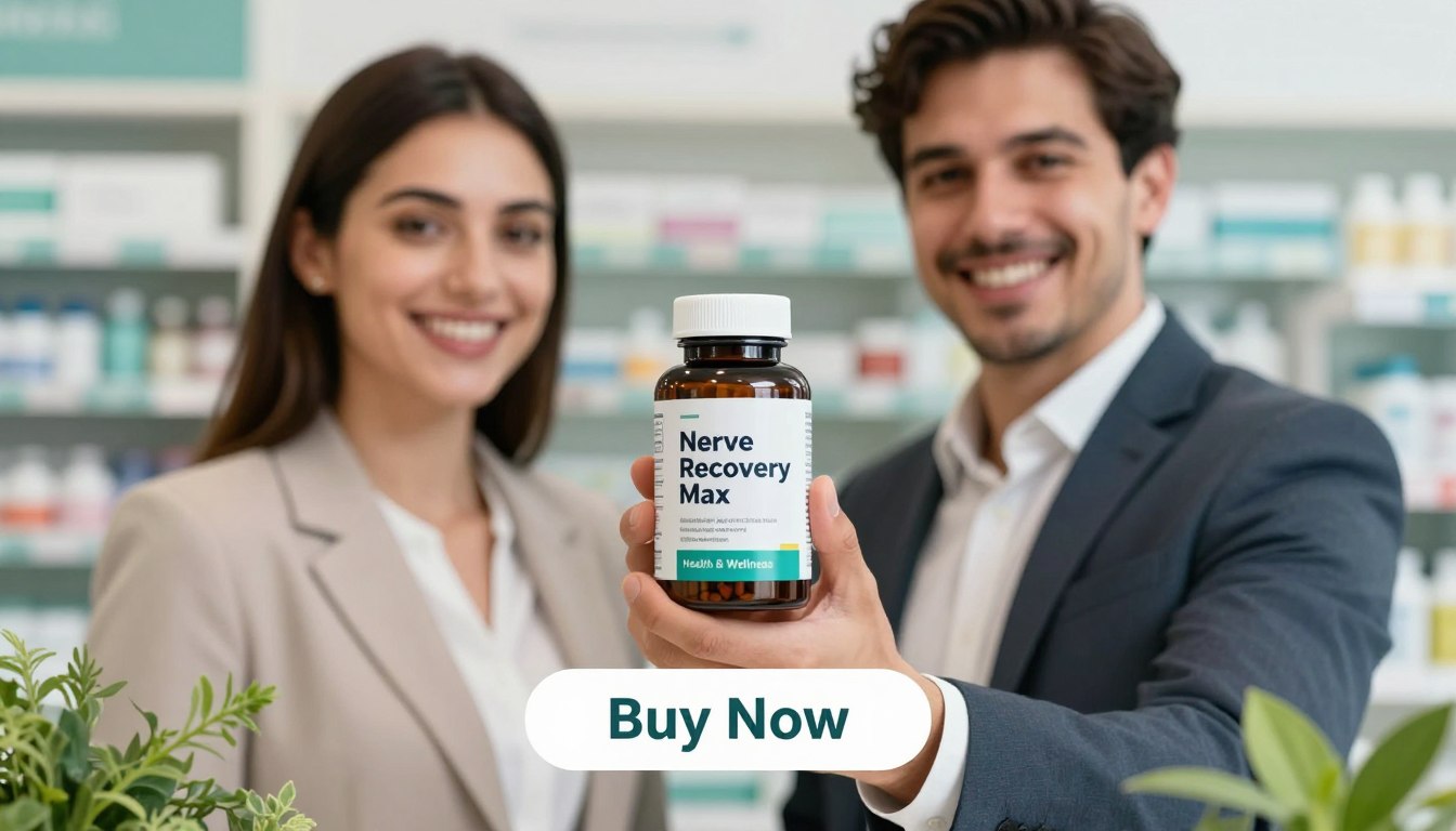 A vibrant product image depicting a duo—a man and a woman in professional business attire—cheerfully holding a bottle of "Nerve Recovery Max," an herbal blend for nerve repair and pain relief. The foreground features the supplement bottle with a sleek, modern design showcasing the brand name "Health & Wellness". In the middle ground, the duo exudes positivity, with smiles that suggest vitality and wellness. Subtle greenery, such as herbs and plants, hints at the natural ingredients used in the supplement, while a soft light illuminates the scene, creating an inviting atmosphere. In the background, a blurred pharmacy or wellness center setting adds context. Below them, a prominent "Buy Now" button is displayed, emphasizing the product's availability.