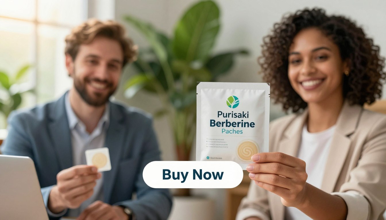 A vibrant, professional setting featuring a diverse man and woman dressed in smart casual attire, showcasing Purisaki Berberine Patches. The foreground highlights the patches held in their hands, with the "Health & Wellness" brand logo prominently displayed on the packaging. In the middle ground, a clear "Buy Now" button invites interaction. The background is a softly lit environment with lush greenery, symbolizing health and vitality, enhancing the theme of metabolic support. Natural sunlight filters through a nearby window, casting a warm glow, creating an inviting atmosphere. The composition conveys a sense of urgency and importance regarding effective metabolic support, aligning seamlessly with the subject matter of wellness and lifestyle improvement.