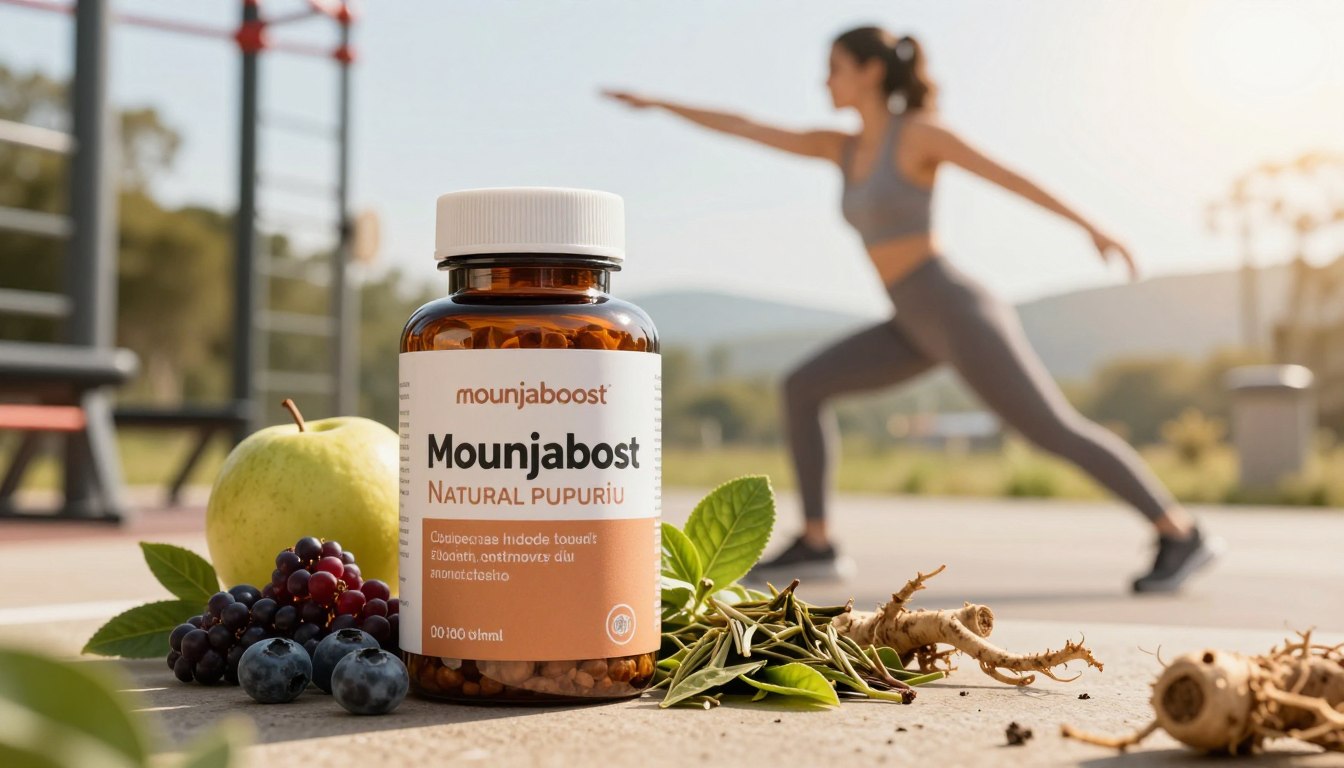 A vibrant, visually striking depiction of the MounjaBoost natural supplement, featured prominently in the foreground. The supplement bottle is sleek, with an earthy color palette that hints at its natural ingredients. Surrounding the bottle, fresh fruits and herbs are artfully arranged, showcasing key components like berries, green tea leaves, and roots, symbolizing enhanced metabolism. In the middle ground, a fit, professional person in modest athletic wear embodies vitality, energetically preparing for a workout, emphasizing the idea of unleashing metabolic potential. The background captures a bright, sunlit environment, perhaps an outdoor gym or natural landscape, suggesting energy and health. Soft, warm lighting casts a welcoming atmosphere, enhancing feelings of motivation and well-being. The angle focuses on the supplement and the active individual, creating a dynamic composition that inspires viewers to unlock their potential through MounjaBoost. A vibrant, visually striking depiction of the MounjaBoost natural supplement, featured prominently in the foreground. The supplement bottle is sleek, with an earthy color palette that hints at its natural ingredients. Surrounding the bottle, fresh fruits and herbs are artfully arranged, showcasing key components like berries, green tea leaves, and roots, symbolizing enhanced metabolism. In the middle ground, a fit, professional person in modest athletic wear embodies vitality, energetically preparing for a workout, emphasizing the idea of unleashing metabolic potential. The background captures a bright, sunlit environment, perhaps an outdoor gym or natural landscape, suggesting energy and health. Soft, warm lighting casts a welcoming atmosphere, enhancing feelings of motivation and well-being. The angle focuses on the supplement and the active individual, creating a dynamic composition that inspires viewers to unlock their potential through MounjaBoost.