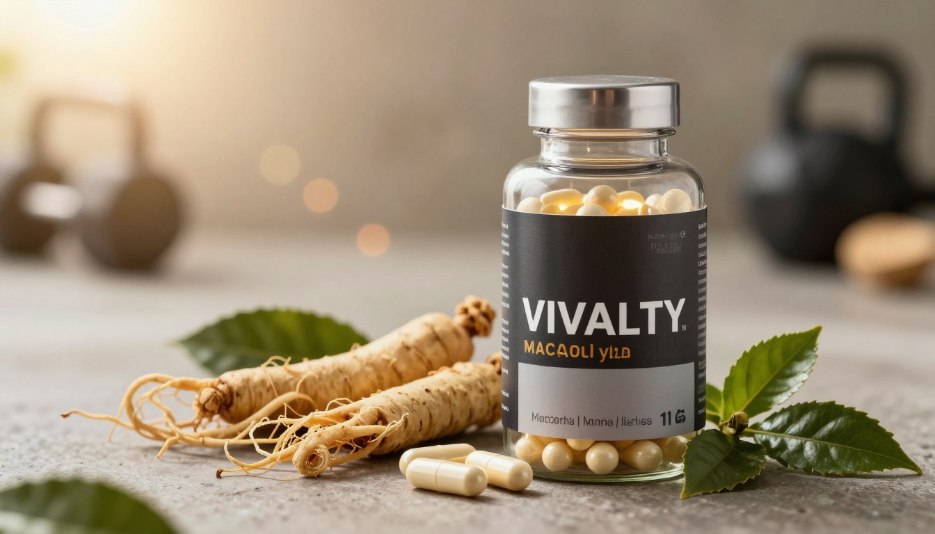 A visually appealing composition showcasing male vitality supplements. In the foreground, a sleek, modern bottle of vitality supplements, clearly labeled and made of transparent glass, with glowing capsules peeking out. In the middle, an assortment of natural ingredients like ginseng, maca root, and green tea leaves artistically arranged around the bottle, emphasizing the natural aspect. The background features a softly blurred earthy-toned setting with hints of a gym or fitness area, symbolizing health and vitality. Warm, natural lighting cascades down, creating an inviting atmosphere, with a slight lens glare to enhance the focus on the supplements. The overall mood is energizing and uplifting, reflecting a focus on well-being and natural health solutions for men. A visually appealing composition showcasing male vitality supplements. In the foreground, a sleek, modern bottle of vitality supplements, clearly labeled and made of transparent glass, with glowing capsules peeking out. In the middle, an assortment of natural ingredients like ginseng, maca root, and green tea leaves artistically arranged around the bottle, emphasizing the natural aspect. The background features a softly blurred earthy-toned setting with hints of a gym or fitness area, symbolizing health and vitality. Warm, natural lighting cascades down, creating an inviting atmosphere, with a slight lens glare to enhance the focus on the supplements. The overall mood is energizing and uplifting, reflecting a focus on well-being and natural health solutions for men.