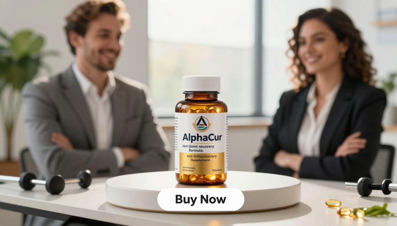 A visually appealing product display showcasing "AlphaCur joint recovery formula" capsules. In the foreground, a man and a woman, both in professional business attire, are prominently holding the bottle of AlphaCur capsules with confident smiles. The capsules are vibrant, reflecting a rich golden color, and are situated on a sleek, modern table. In the middle, soft natural light illuminates the scene, creating a warm and inviting atmosphere, highlighting the product in a way that evokes trust and wellness. In the background, slightly blurred, are elements of a well-organized and healthy lifestyle, such as green plants and fitness equipment. Below the product, a clear "Buy Now" button should be visible. The brand name prominently displayed on the bottle reads "Anti-Inflammatory Supplement."
