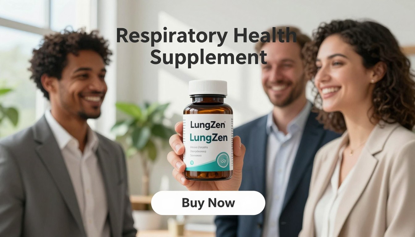 A visually appealing product image showcasing the "LungZen" supplement, designed for respiratory wellness. In the foreground, a diverse man and woman, dressed in professional business attire, are joyfully holding the LungZen supplement bottle, with an elegant and sleek design. The middle ground features a soft-focus background of a bright, airy room filled with greenery, suggesting a fresh and healthy atmosphere. Natural lighting streams through large windows, casting gentle shadows and creating an inviting ambiance. Below the product, a "Buy Now" button is prominently displayed, blending seamlessly with the overall design. Include the brand name "Respiratory Health Supplement" in a stylish font. The mood should be uplifting and encouraging, reflecting vitality and well-being. A visually appealing product image showcasing the "LungZen" supplement, designed for respiratory wellness. In the foreground, a diverse man and woman, dressed in professional business attire, are joyfully holding the LungZen supplement bottle, with an elegant and sleek design. The middle ground features a soft-focus background of a bright, airy room filled with greenery, suggesting a fresh and healthy atmosphere. Natural lighting streams through large windows, casting gentle shadows and creating an inviting ambiance. Below the product, a "Buy Now" button is prominently displayed, blending seamlessly with the overall design. Include the brand name "Respiratory Health Supplement" in a stylish font. The mood should be uplifting and encouraging, reflecting vitality and well-being.