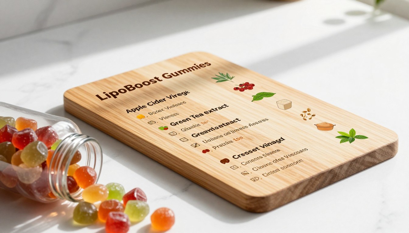 A visually appealing, well-organized ingredients list for LipoBoost Gummies, artistically arranged on a sleek white marble countertop. The list includes vibrant, colorful representations of key ingredients like apple cider vinegar, green tea extract, and vitamins. In the foreground, a pair of stylish glass jars filled with the gummies, partially open to showcase their texture and colors. In the middle, a clear, polished wooden board displaying the neatly written ingredient names with small icons or silhouettes of the respective ingredients. The background features soft natural lighting that casts gentle shadows, creating an inviting, health-oriented atmosphere. The image captures a clean and professional presentation, perfect for an article focused on wellness and nutrition. A visually appealing, well-organized ingredients list for LipoBoost Gummies, artistically arranged on a sleek white marble countertop. The list includes vibrant, colorful representations of key ingredients like apple cider vinegar, green tea extract, and vitamins. In the foreground, a pair of stylish glass jars filled with the gummies, partially open to showcase their texture and colors. In the middle, a clear, polished wooden board displaying the neatly written ingredient names with small icons or silhouettes of the respective ingredients. The background features soft natural lighting that casts gentle shadows, creating an inviting, health-oriented atmosphere. The image captures a clean and professional presentation, perfect for an article focused on wellness and nutrition.