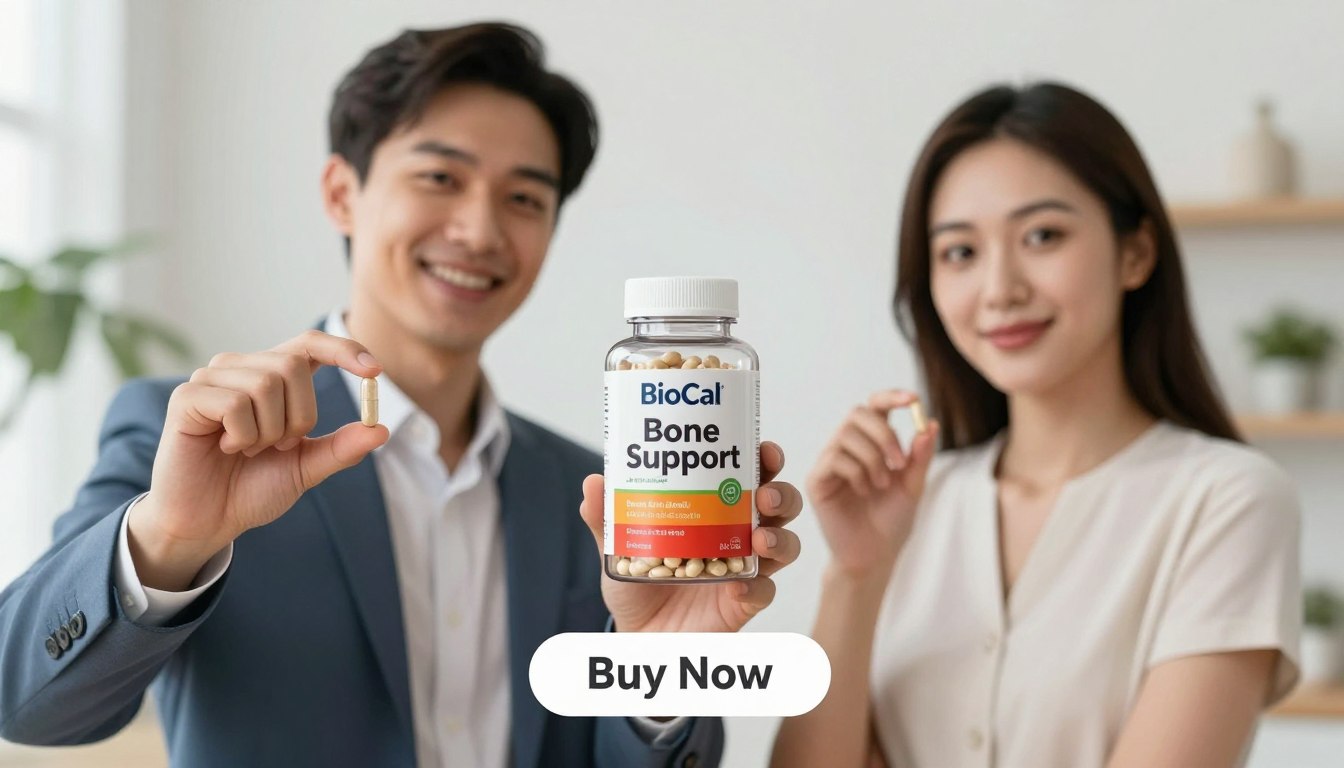 A visually compelling product image showcasing a man and woman in professional attire, standing together in a bright, modern setting. They are holding BioCal Bone Support Capsules, confidently presenting them to the viewer. The foreground captures their engaging expressions, emphasizing the importance of bone health. In the middle ground, a stylish, clear bottle of the product is showcased prominently with vibrant colors, alongside a "Buy Now" button just below it. The background features a softly blurred, inviting environment that suggests active, healthy living, with hints of nature and wellness decor. The lighting is bright and uplifting, creating a hopeful atmosphere that highlights the importance of bone and joint health. Include a subtle brand label "Health → Bone & Joint Support" on the product packaging to reinforce the branding.