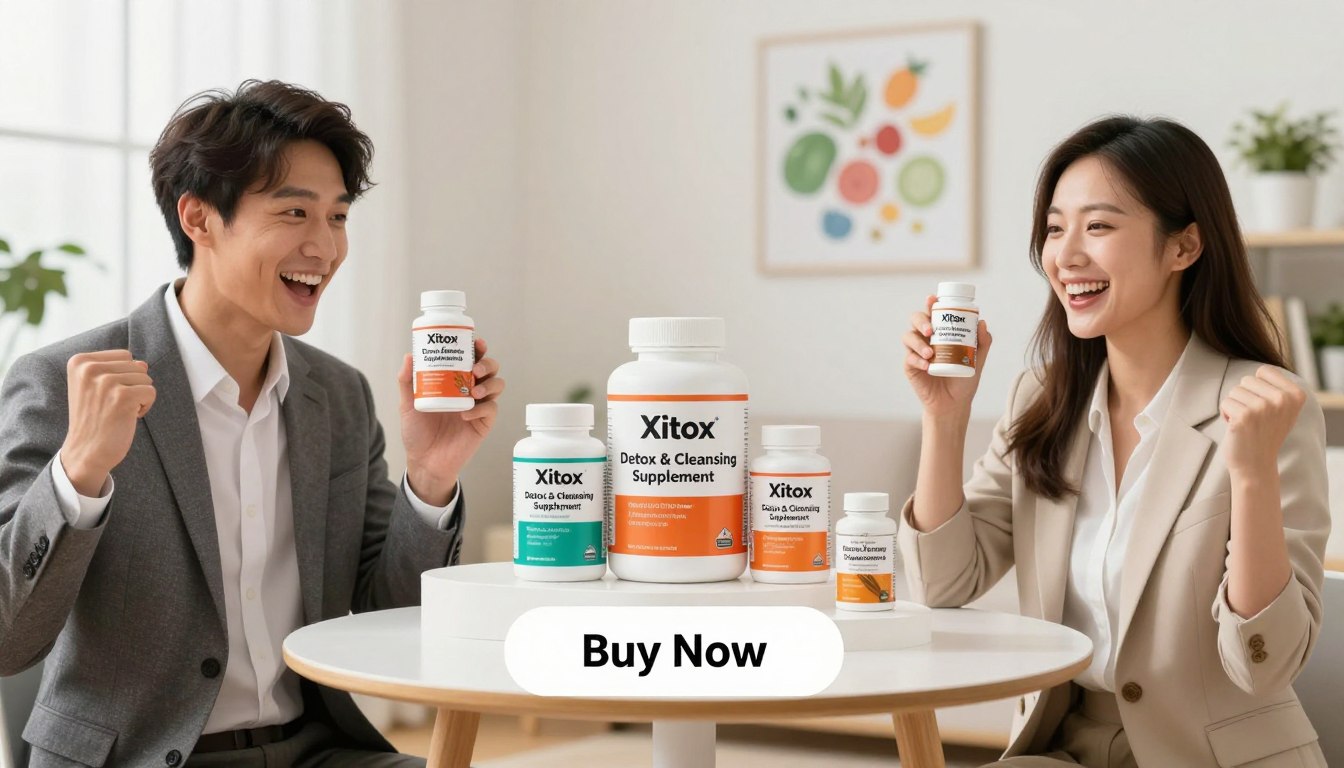 A visually engaging product comparison scene showcasing the "Xitox Detox & Cleansing Supplement" against standard multivitamins and antioxidants. In the foreground, a man and woman, both in professional attire, confidently hold the Xitox bottle while smiling, expressing the supplement's effectiveness. Their dynamic poses highlight enthusiasm and health. The middle ground features a clean, well-lit table displaying both the Xitox product alongside generic multivitamins and antioxidant products, emphasizing their differences in packaging and design. The background is softly blurred with a light, airy atmosphere, featuring health-related decor like plants or nutritional charts. Use warm, inviting lighting to convey a sense of trust and healthfulness. Below the products, a prominent "Buy Now" button is integrated seamlessly, enhancing the image without clutter or text overlays.