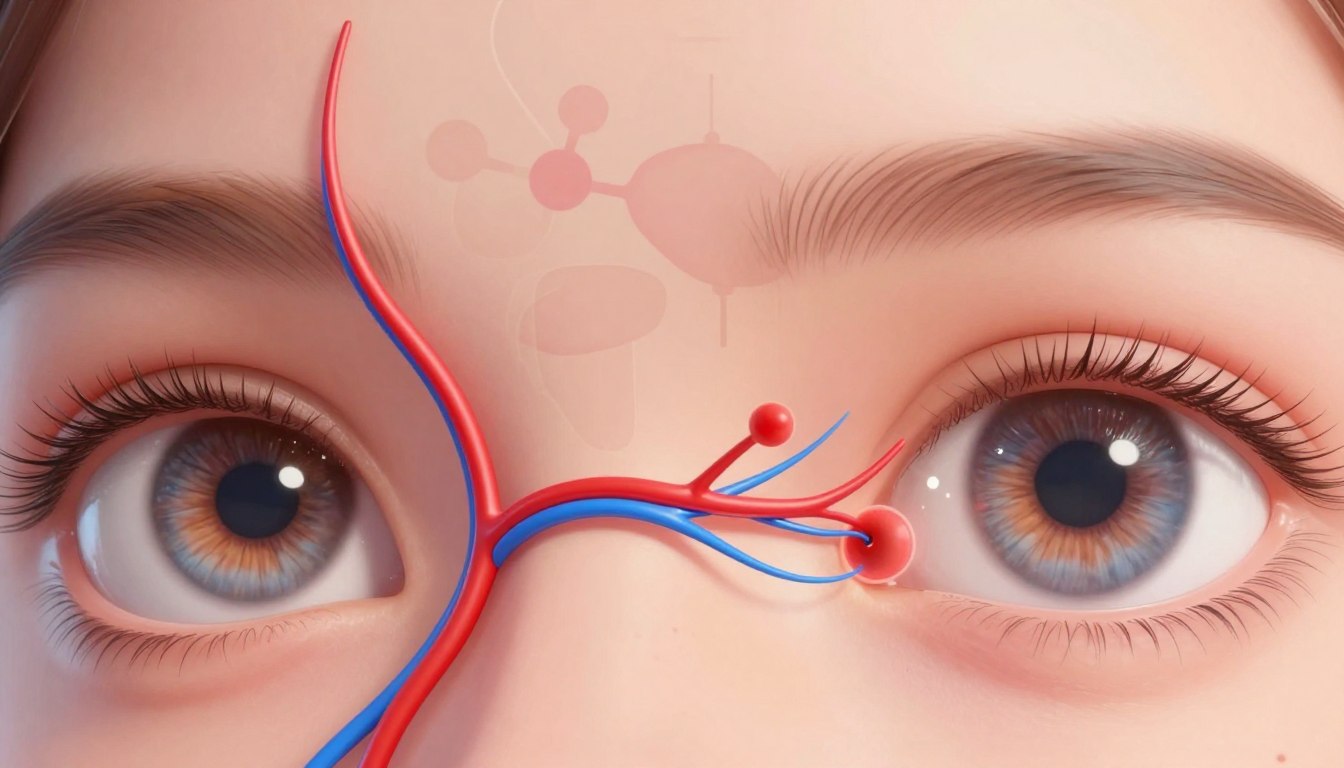 A visually engaging, scientific illustration depicting the concept of blood flow enhancing the efficacy of "Retina Clear Capsules." In the foreground, a close-up of human eyes, crystal clear and bright, showcasing the health benefits of the eye formula. In the middle ground, abstract representations of blood vessels pulsing gently, colored in vibrant reds and blues to symbolize improved circulation. The background features a faint silhouette of eye anatomy and molecular structures, highlighting the scientific principles behind the supplement. Use warm, soft lighting to create an inviting mood, with a focus on clarity and optimism. Shot from a slightly elevated angle, this composition aims to convey a sense of innovation and trust in the "Retina Clear Shocking reviews" without any text elements.