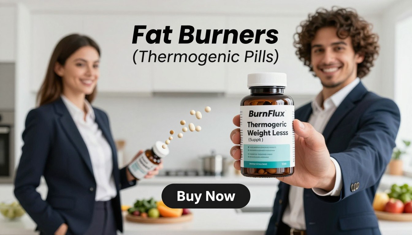A visually striking and clean product image of "BurnFlux Thermogenic Weight Loss Pills," featuring a dynamic composition. In the foreground, a man and woman, both dressed in professional business attire, are holding the product bottle prominently, showcasing its sleek design. They should exude confidence and vitality, emphasizing the weight loss journey. In the middle ground, a subtle depiction of the pills spilling from the bottle, gleaming under soft, natural lighting will highlight their appeal. The background should be a softly blurred modern kitchen setting, adorned with healthy food options like fruits and vegetables, enhancing the theme of wellness. Include a “Buy Now” button below the product, ensuring it's clear and prominent. The overall mood should be motivational and health-focused, with a hint of energy reflecting the thermogenic effects. Include the brand name "Fat Burners (Thermogenic Suppl)" in a stylish, contemporary font.