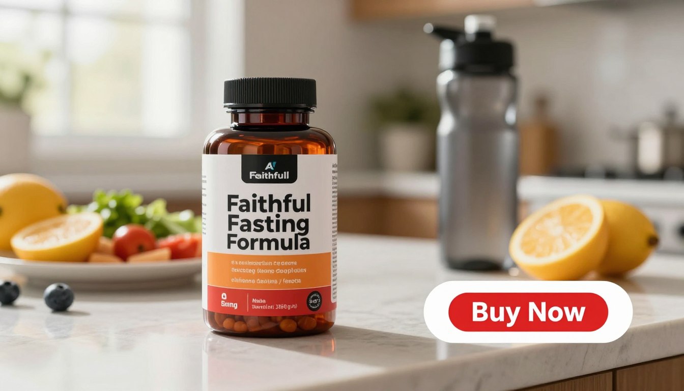 A visually striking, bold product image showcasing the "Faithful Fasting Formula" supplement bottle set against a soft-focus kitchen countertop. In the foreground, the elegantly designed supplement bottle is prominently displayed with a glossy finish, featuring distinct branding and vibrant colors. Surrounding the bottle, fresh fruits and a fitness water bottle hint at energy and vitality. In the middle ground, a blurred plate of healthy food suggests balanced eating during fasting. In the background, warm, natural lighting streams through a window, creating an inviting atmosphere. The angle captures the essence of health and well-being. A clear "Buy Now" button in a contrasting color is integrated into the image feel, encouraging instant action. The overall mood is one of motivation, energy, and positive lifestyle choices. A visually striking, bold product image showcasing the "Faithful Fasting Formula" supplement bottle set against a soft-focus kitchen countertop. In the foreground, the elegantly designed supplement bottle is prominently displayed with a glossy finish, featuring distinct branding and vibrant colors. Surrounding the bottle, fresh fruits and a fitness water bottle hint at energy and vitality. In the middle ground, a blurred plate of healthy food suggests balanced eating during fasting. In the background, warm, natural lighting streams through a window, creating an inviting atmosphere. The angle captures the essence of health and well-being. A clear "Buy Now" button in a contrasting color is integrated into the image feel, encouraging instant action. The overall mood is one of motivation, energy, and positive lifestyle choices.