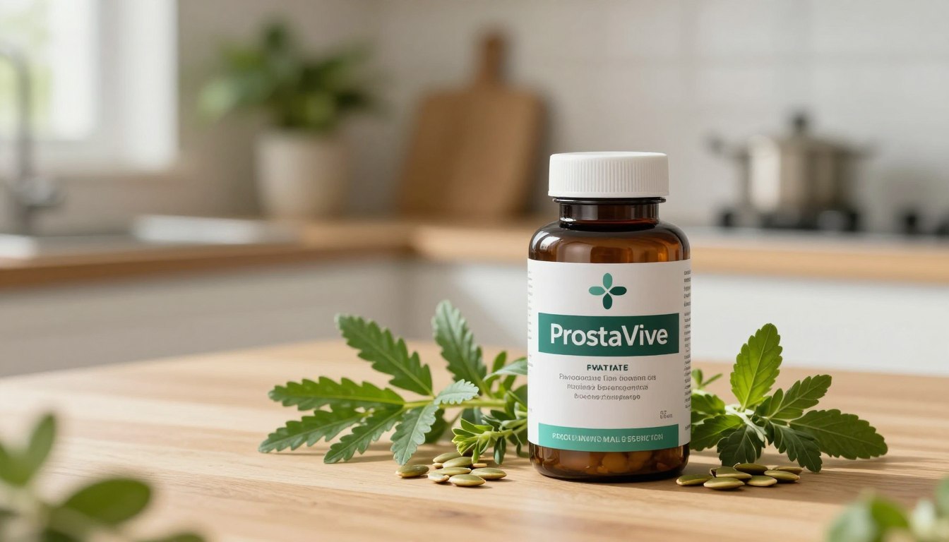 A visually striking image of a ProstaVive prostate supplement bottle placed prominently in the foreground, showcasing its sleek, modern design with a professional label. Surrounding the bottle, there are bright, fresh herbs such as saw palmetto and pumpkin seeds artistically arranged, emphasizing natural ingredients. The middle section features a blurred background of a serene, well-lit kitchen setting with a wooden countertop and soft greenery, creating a relaxed atmosphere. The lighting is warm and inviting, casting gentle shadows to enhance depth. A subtle focus on the product exudes professionalism and trust, while a hint of organic elements reinforces its health-oriented message. The overall mood conveys wellness and vitality, perfect for a health supplement review.