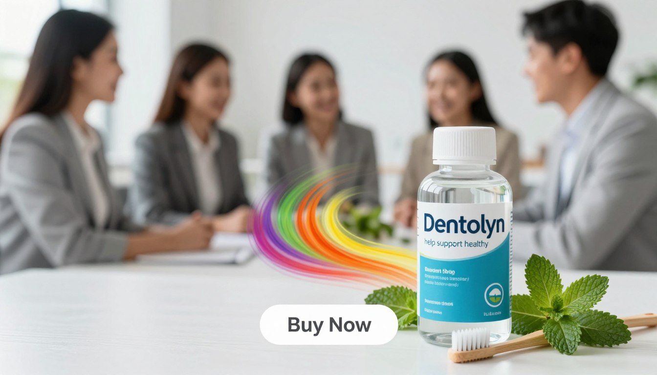 A visually striking, informative image representing "Dentolyn help support healthy" in a clean, modern setting. In the foreground, showcase a clear bottle of Dentolyn with its label prominently displayed, surrounded by fresh mint leaves and a toothbrush, symbolizing oral health. In the middle ground, include a gentle swirl of vibrant colors that represent nourishment and vitality. In the background, softly blurred images of smiling individuals in professional business attire, engaged in conversation about health, creating an inviting atmosphere. Use bright, natural lighting that conveys freshness, and capture the image with a slightly elevated angle for depth. The mood should be optimistic and encouraging. Include a clear, visible “Buy Now” CTA button overlay, ensuring no text clutter detracts from the focus on Dentolyn.