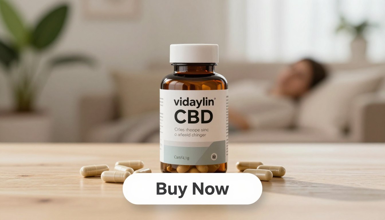 A visually striking product display featuring Vidaylin CBD Capsules prominently in the foreground, showcasing the sleek bottle with a modern label design. The capsules are artistically scattered around the bottle, highlighting their size and shape. In the middle ground, a calming, softly blurred background of a serene home setting with plants and natural lighting, evoking a sense of tranquility and wellness. The atmosphere feels inviting and peaceful, conveying the benefits of pain relief, anxiety reduction, and improved sleep. Use a warm color palette, soft focus, and gentle lighting to enhance the mood. Include a clear, visible long button with “Buy Now” overlaid at the bottom of the image to encourage action.