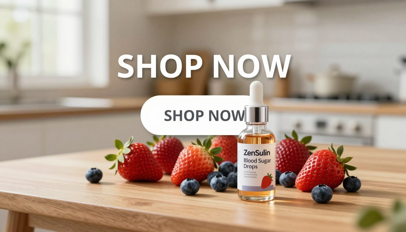 A visually striking product display featuring "ZenSulin Blood Sugar Drops" positioned prominently in the foreground on a clean, modern wooden table. The drops are housed in an elegant glass bottle with a dropper, labeled clearly with the brand name. In the middle ground, fresh, vibrant fruits like strawberries and blueberries surround the bottle, symbolizing natural health. The background showcases a softly blurred kitchen setting with warm, diffuse lighting streaming through a window, creating an inviting atmosphere. A large, eye-catching "SHOP NOW" button overlays the image, designed to stand out without cluttering the scene. The overall mood is one of wellness and vitality, emphasizing the product's purpose and market appeal. A visually striking product display featuring "ZenSulin Blood Sugar Drops" positioned prominently in the foreground on a clean, modern wooden table. The drops are housed in an elegant glass bottle with a dropper, labeled clearly with the brand name. In the middle ground, fresh, vibrant fruits like strawberries and blueberries surround the bottle, symbolizing natural health. The background showcases a softly blurred kitchen setting with warm, diffuse lighting streaming through a window, creating an inviting atmosphere. A large, eye-catching "SHOP NOW" button overlays the image, designed to stand out without cluttering the scene. The overall mood is one of wellness and vitality, emphasizing the product's purpose and market appeal.