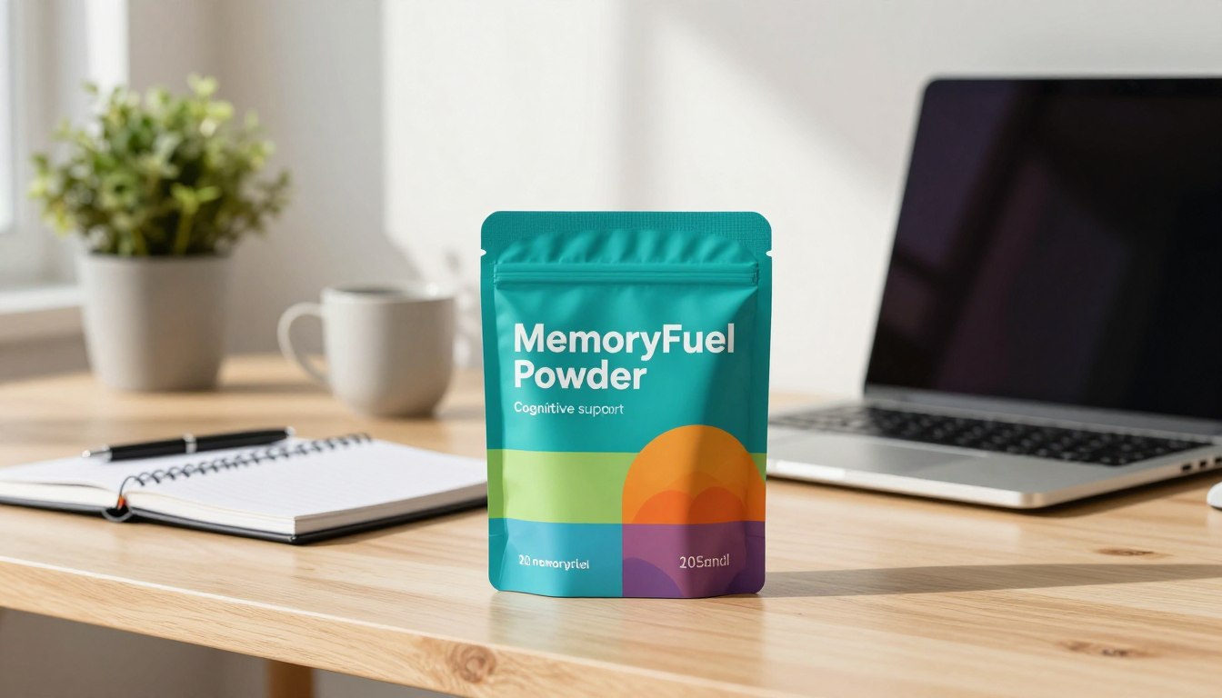 A visually striking product display of "MemoryFuel Powder" for cognitive support, prominently positioned in the foreground. The packaging is sleek and modern, featuring vibrant colors that hint at its brain health benefits. The middle ground includes a clean, organized workspace with a wooden desk, a notebook, and a laptop, suggesting productivity and focus. In the background, a softly blurred indoor plant adds a touch of freshness and vitality to the scene. Natural lighting streams from a window, casting soft shadows that create a calm atmosphere. The composition conveys a sense of trust and professionalism, inviting viewers to explore the benefits of MemoryFuel Powder while ensuring a serene and inspiring space.