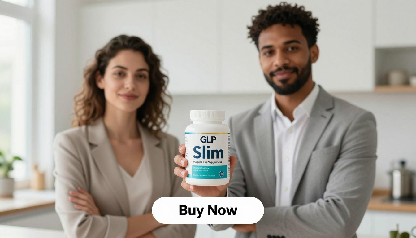 A visually striking product image featuring a diverse man and woman standing confidently together, each holding a container of GLP Slim, the weight loss supplement, in a bright, well-lit, modern kitchen setting. The foreground showcases the duo with focused expressions, dressed in professional business attire, conveying trust and expertise. In the middle ground, emphasize the glossy container with the brand label "👉 Weight Loss Supplement" prominently displayed. The background sets a clean, inviting atmosphere with soft, natural light streaming through a window, giving a feeling of health and vitality. At the bottom of the image, include a prominent "Buy Now" button for a call to action. The overall mood should be positive and motivational, inspiring viewers to consider their weight loss journey. A visually striking product image featuring a diverse man and woman standing confidently together, each holding a container of GLP Slim, the weight loss supplement, in a bright, well-lit, modern kitchen setting. The foreground showcases the duo with focused expressions, dressed in professional business attire, conveying trust and expertise. In the middle ground, emphasize the glossy container with the brand label "👉 Weight Loss Supplement" prominently displayed. The background sets a clean, inviting atmosphere with soft, natural light streaming through a window, giving a feeling of health and vitality. At the bottom of the image, include a prominent "Buy Now" button for a call to action. The overall mood should be positive and motivational, inspiring viewers to consider their weight loss journey.