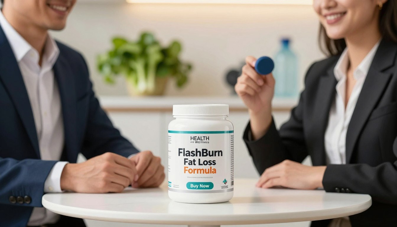 A visually striking product image featuring a man and a woman in professional business attire, each holding a sleek, modern container of "FlashBurn Fat Loss Formula." The foreground shows the individuals confidently showcasing the product. The middle background focuses on a clean, elegant table setup with the product prominently displayed alongside a subtle "Buy Now" button. In the rear, blurred soft-focus elements suggest a healthy lifestyle, such as leafy greens and fitness equipment. The lighting is bright and inviting, with a warm glow that enhances the colors of the packaging, highlighting the brand "HEALTH AND Wellness." The atmosphere is motivational, conveying a sense of health and vitality, perfect for illustrating an analytical review. A visually striking product image featuring a man and a woman in professional business attire, each holding a sleek, modern container of "FlashBurn Fat Loss Formula." The foreground shows the individuals confidently showcasing the product. The middle background focuses on a clean, elegant table setup with the product prominently displayed alongside a subtle "Buy Now" button. In the rear, blurred soft-focus elements suggest a healthy lifestyle, such as leafy greens and fitness equipment. The lighting is bright and inviting, with a warm glow that enhances the colors of the packaging, highlighting the brand "HEALTH AND Wellness." The atmosphere is motivational, conveying a sense of health and vitality, perfect for illustrating an analytical review.