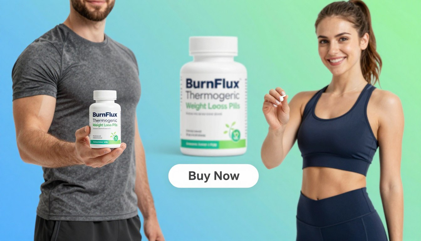 A visually striking product image featuring a man and woman proudly holding "BurnFlux Thermogenic Weight Loss Pills" in their hands. The man is dressed in a fitted athletic shirt and shorts, while the woman wears a sporty tank top and leggings. They are positioned in the foreground against a bright, clean backdrop that evokes a sense of health and vitality. In the middle ground, a subtly blurred image of the product box can be seen, enhancing focus on the individuals. In the background, a soft gradient blends vibrant colors of blue and green, symbolizing energy and freshness. Intentional lighting highlights the product, creating a professional and inviting atmosphere, and a safe "Buy Now" button appears just below the pills, emphasizing the call to action. The brand name "Fat Burners (Thermogenic Suppl)" is subtly integrated into the design.