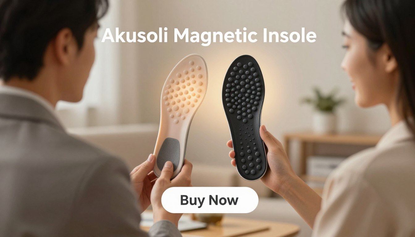 A visually striking product image showcasing "Akusoli Magnetic Insoles" prominently displayed in the foreground. A man and woman, dressed in professional business attire, are holding the insoles, showcasing their sleek design and acupressure features. The insoles are designed with a unique magnetic pattern that symbolizes comfort and support. In the middle ground, a soft-focus background features a serene home environment, adding warmth to the image. A “Buy Now” button elegantly positioned below the insoles invites action. The lighting is soft and inviting, highlighting the insoles with a gentle glow. Use a slightly elevated angle to capture the depth and features of the product effectively while maintaining a clean layout, evoking a sense of wellness and relaxation. The brand name "Orthopedic Insoles" should be subtly integrated into the design. A visually striking product image showcasing "Akusoli Magnetic Insoles" prominently displayed in the foreground. A man and woman, dressed in professional business attire, are holding the insoles, showcasing their sleek design and acupressure features. The insoles are designed with a unique magnetic pattern that symbolizes comfort and support. In the middle ground, a soft-focus background features a serene home environment, adding warmth to the image. A “Buy Now” button elegantly positioned below the insoles invites action. The lighting is soft and inviting, highlighting the insoles with a gentle glow. Use a slightly elevated angle to capture the depth and features of the product effectively while maintaining a clean layout, evoking a sense of wellness and relaxation. The brand name "Orthopedic Insoles" should be subtly integrated into the design.