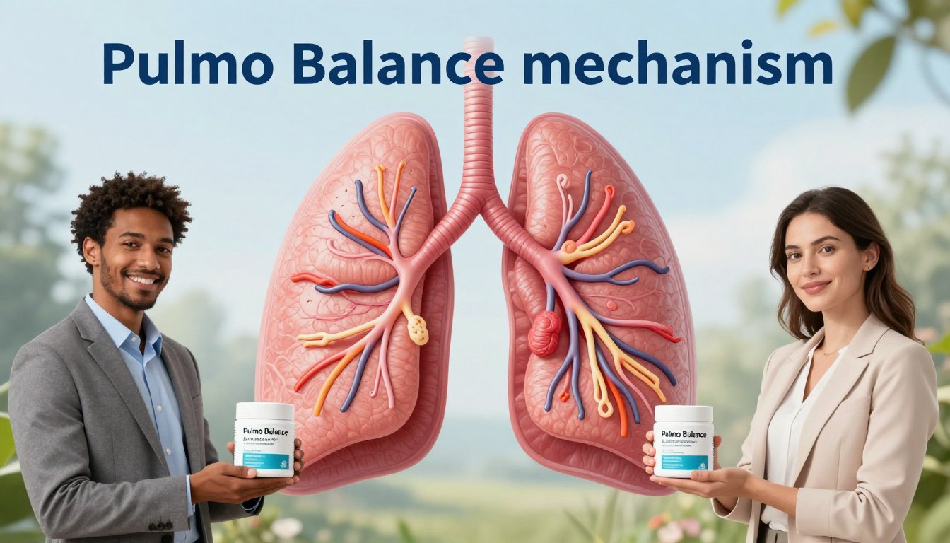 A visually striking representation of the "Pulmo Balance mechanism" illustrating mucociliary clearance. In the foreground, depict a diverse man and woman in professional business attire, confidently holding a product labeled “Pulmo Balance” from the brand "LUNG SUPPORT". The middle section shows a detailed cross-section of healthy lung tissues, with cilia and mucus actively working in harmony, highlighted in vibrant colors to emphasize functionality. The background features a serene and calming atmosphere with soft, diffused lighting, suggesting a healthy respiratory environment. Use a wide-angle lens to capture the entire scene with clarity and depth. The overall mood should convey wellness and clarity, seamlessly integrating the human elements with the scientific focus of lung health. A visually striking representation of the "Pulmo Balance mechanism" illustrating mucociliary clearance. In the foreground, depict a diverse man and woman in professional business attire, confidently holding a product labeled “Pulmo Balance” from the brand "LUNG SUPPORT". The middle section shows a detailed cross-section of healthy lung tissues, with cilia and mucus actively working in harmony, highlighted in vibrant colors to emphasize functionality. The background features a serene and calming atmosphere with soft, diffused lighting, suggesting a healthy respiratory environment. Use a wide-angle lens to capture the entire scene with clarity and depth. The overall mood should convey wellness and clarity, seamlessly integrating the human elements with the scientific focus of lung health.