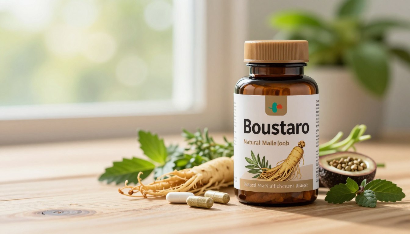 A well-designed package of "Boostaro" natural male enhancement supplement prominently displayed in the foreground, featuring a sleek, modern bottle with earthy colors and a natural aesthetic. The label showcases herbal ingredients like ginseng and maca, artistically illustrated. In the middle ground, arrange a scattering of fresh herbs and supplements, highlighting their natural origin. The background depicts a tranquil, softly lit environment, perhaps a wooden table with a blurred green plant and natural sunlight filtering through a window, creating a serene and vibrant atmosphere. Use a soft focus lens to evoke a sense of calm and health, emphasizing the product's benefits for revitalizing male health. The overall mood should be uplifting and refreshing, showcasing a holistic approach to wellness without any textual distractions. A well-designed package of "Boostaro" natural male enhancement supplement prominently displayed in the foreground, featuring a sleek, modern bottle with earthy colors and a natural aesthetic. The label showcases herbal ingredients like ginseng and maca, artistically illustrated. In the middle ground, arrange a scattering of fresh herbs and supplements, highlighting their natural origin. The background depicts a tranquil, softly lit environment, perhaps a wooden table with a blurred green plant and natural sunlight filtering through a window, creating a serene and vibrant atmosphere. Use a soft focus lens to evoke a sense of calm and health, emphasizing the product's benefits for revitalizing male health. The overall mood should be uplifting and refreshing, showcasing a holistic approach to wellness without any textual distractions.