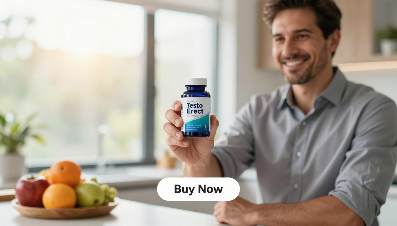 A well-groomed man in his 40s, exuding confidence and vitality, holds a sleek, premium bottle of "Testo Erect" in a modern kitchen setting. He wears a fitted, professional business shirt with rolled-up sleeves, demonstrating both approachability and professionalism. The foreground features the man smiling with a subtle background of fresh fruits and supplements, emphasizing a healthy lifestyle. The middle section shows the product prominently, with the brand name "Sexual Wellness for Men" clearly visible. The background should be softly blurred, showcasing warm, natural daylight filtering through large windows, creating an inviting and vibrant atmosphere. The angle is slightly elevated, capturing the product and the man together, complemented by a simple "Buy Now" button below the product, inviting the viewer to consider the benefits.