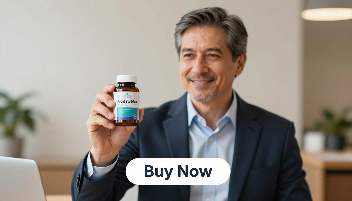 A well-groomed middle-aged man in a professional business attire, confidently holding a bottle of "Prostate Max" dietary supplement in his right hand. His expression is positive and engaged, symbolizing proactive prostate health. The background is a softly blurred office setting, with warm lighting creating an inviting atmosphere, enhancing the focus on the man. In the foreground, a sleek "Buy Now" button is positioned below him, emphasizing the action of purchase. The brand name "Health and Wellness" is subtly incorporated into the product design on the supplement bottle. The image conveys a sense of empowerment and well-being, promoting the importance of prostate health for men over 40. A well-groomed middle-aged man in a professional business attire, confidently holding a bottle of "Prostate Max" dietary supplement in his right hand. His expression is positive and engaged, symbolizing proactive prostate health. The background is a softly blurred office setting, with warm lighting creating an inviting atmosphere, enhancing the focus on the man. In the foreground, a sleek "Buy Now" button is positioned below him, emphasizing the action of purchase. The brand name "Health and Wellness" is subtly incorporated into the product design on the supplement bottle. The image conveys a sense of empowerment and well-being, promoting the importance of prostate health for men over 40.