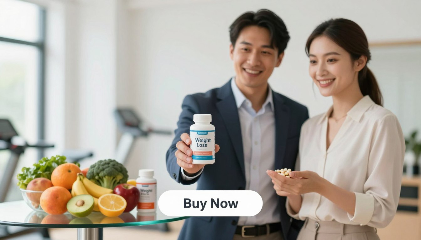 A well-lit and vibrant product showcase featuring a man and woman in professional attire, standing together and holding a bottle of "Weight Loss" weight control pills designed for metabolism support. The foreground highlights the product prominently, with the couple smiling, suggesting confidence and health. In the middle ground, a clear glass table displays the pills alongside fresh fruits and vegetables, symbolizing a balanced lifestyle. The background features a soft-focus fitness-themed space, perhaps with exercise equipment subtly hinted at. Bright, natural lighting emphasizes positivity and vitality, creating an inviting atmosphere. Below the couple, a clear "Buy Now" button design is incorporated, enhancing the commercial appeal, while ensuring the overall presentation remains sleek and professional. A well-lit and vibrant product showcase featuring a man and woman in professional attire, standing together and holding a bottle of "Weight Loss" weight control pills designed for metabolism support. The foreground highlights the product prominently, with the couple smiling, suggesting confidence and health. In the middle ground, a clear glass table displays the pills alongside fresh fruits and vegetables, symbolizing a balanced lifestyle. The background features a soft-focus fitness-themed space, perhaps with exercise equipment subtly hinted at. Bright, natural lighting emphasizes positivity and vitality, creating an inviting atmosphere. Below the couple, a clear "Buy Now" button design is incorporated, enhancing the commercial appeal, while ensuring the overall presentation remains sleek and professional.