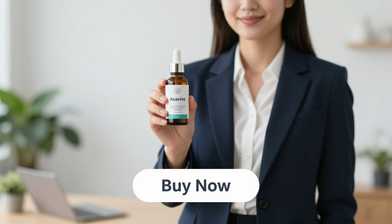 A well-lit image depicting a professional setting where a confident woman in business attire holds a sleek bottle of Axavive, showcasing its modern and innovative design. The woman stands against a minimalist background, with soft-focus office elements like a desk and plants. In the foreground, emphasize a large, clear "Buy Now" button, inviting the viewer to take action. The lighting should be bright and natural, creating an uplifting atmosphere. Include the brand name "Health & Wellness" subtly in the design, harmonizing with the overall layout. The composition should reflect trust and safety, with an emphasis on the product being easily accessible and ready for purchase.