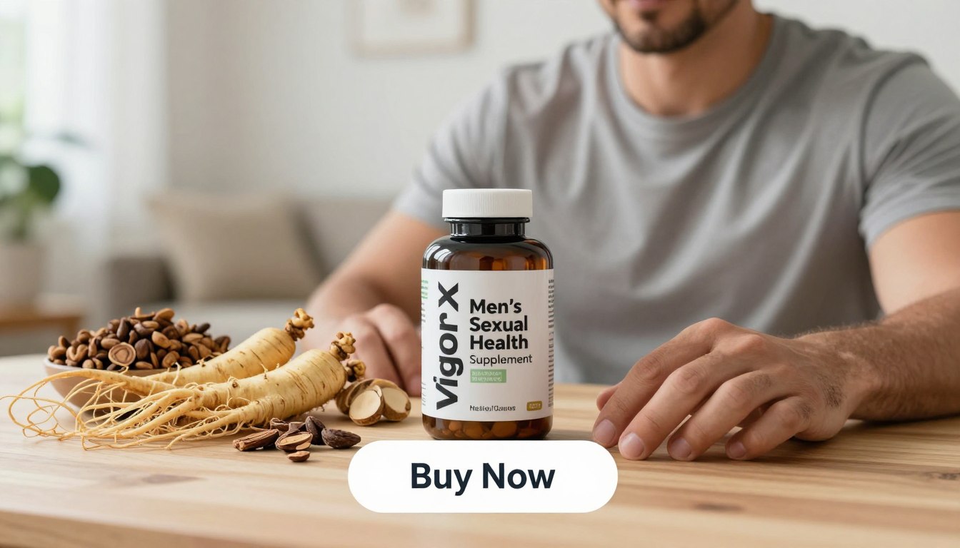 A well-lit, inviting image of a strong, healthy man in professional casual attire holding a bottle of VigorX Pro, showcasing its natural ingredients. The foreground features the product prominently, with the label clearly visible, emphasizing "Men’s Sexual Health Supplement." In the middle ground, an arrangement of fresh, vibrant ingredients like ginseng, tribulus, and maca root is artfully displayed, hinting at their natural benefits. Soft, natural lighting enhances the scene, creating a warm atmosphere. In the background, a blurred, serene setting evokes a sense of wellness and tranquility, perhaps suggesting a peaceful home environment. A subtle “Buy Now” button appears below the product, inviting engagement without any distracting elements. A well-lit, inviting image of a strong, healthy man in professional casual attire holding a bottle of VigorX Pro, showcasing its natural ingredients. The foreground features the product prominently, with the label clearly visible, emphasizing "Men’s Sexual Health Supplement." In the middle ground, an arrangement of fresh, vibrant ingredients like ginseng, tribulus, and maca root is artfully displayed, hinting at their natural benefits. Soft, natural lighting enhances the scene, creating a warm atmosphere. In the background, a blurred, serene setting evokes a sense of wellness and tranquility, perhaps suggesting a peaceful home environment. A subtle “Buy Now” button appears below the product, inviting engagement without any distracting elements.