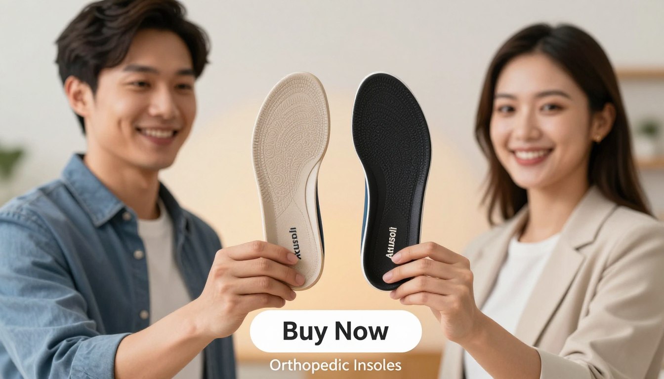 A well-lit product display featuring two individuals—a man and a woman—holding Akusoli magnetic insoles, showcasing their ergonomic design and comfort features. The man, dressed in smart casual attire, stands on one side, while the woman, in a professional outfit, stands on the other, both smiling and looking directly at the insoles. The focus is on the insoles held prominently in the foreground, with a soft blur effect on the background. A subtle gradient backdrop suggests a comfortable, inviting atmosphere, enhancing the appeal of the product. Below the insoles, a visually prominent "Buy Now" button is placed, encouraging action. The brand name "Orthopedic Insoles" is discreetly displayed near the bottom, maintaining an emphasis on the benefits of support and comfort for feet. A well-lit product display featuring two individuals—a man and a woman—holding Akusoli magnetic insoles, showcasing their ergonomic design and comfort features. The man, dressed in smart casual attire, stands on one side, while the woman, in a professional outfit, stands on the other, both smiling and looking directly at the insoles. The focus is on the insoles held prominently in the foreground, with a soft blur effect on the background. A subtle gradient backdrop suggests a comfortable, inviting atmosphere, enhancing the appeal of the product. Below the insoles, a visually prominent "Buy Now" button is placed, encouraging action. The brand name "Orthopedic Insoles" is discreetly displayed near the bottom, maintaining an emphasis on the benefits of support and comfort for feet.