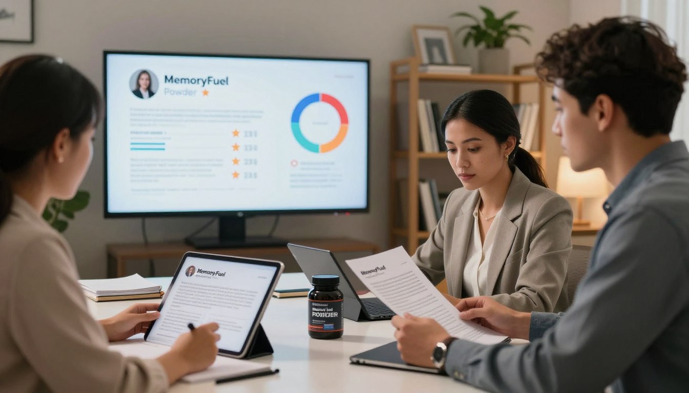 A well-organized workspace with a focus on analyzing customer reviews for MemoryFuel Powder. In the foreground, a diverse group of two professionals, one woman and one man, both dressed in smart casual attire, are gathered around a modern table covered with tablets and notebooks, thoroughly examining printed testimonials. The middle ground features a large screen displaying key customer ratings and graphics highlighting cognitive enhancements. In the background, shelves are filled with books and a potted plant, creating a calm, scholarly atmosphere. The lighting is warm and inviting, suggesting an informative and engaging review session, with a shallow depth of field for a professional look. The image conveys focus and thoroughness in the analysis of real customer experiences with MemoryFuel Powder.
