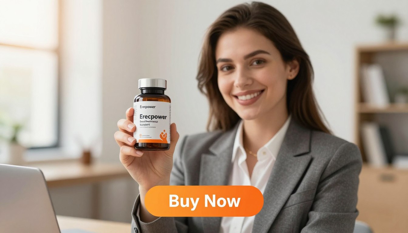 A woman in a professional business outfit, smiling confidently, holds a sleek, modern bottle of "Erecpower" supplement in her right hand, showcasing its appealing design. Surround her with a softly blurred background of a bright, inviting office environment that suggests wellness and vitality. The lighting is warm and natural, enhancing the positive atmosphere. Below her, a stylish "Buy Now" button is prominently displayed in an eye-catching color. The overall image embodies a sense of empowerment and health, inviting viewers to learn more about this natural product from "Sexual Performance Support". The composition should be balanced with the product in clear focus, highlighting its importance as a revolutionary solution for men’s health.