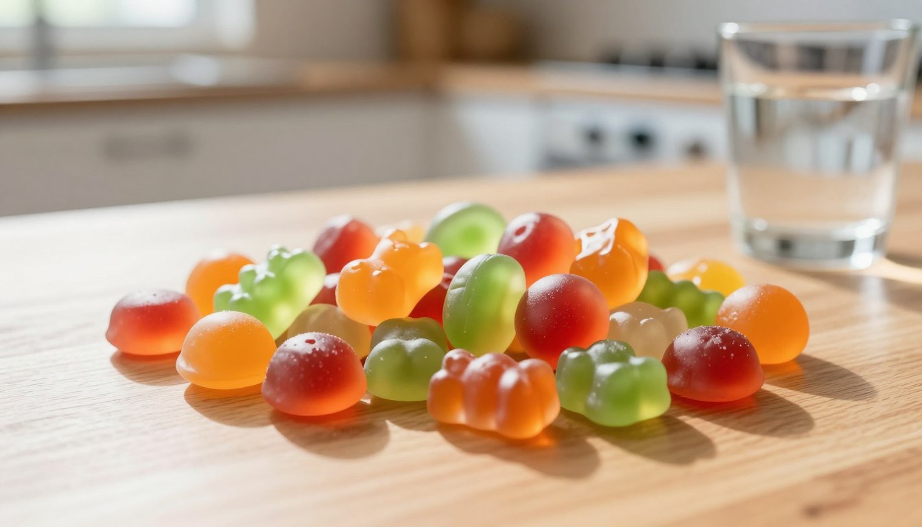 Close-up view of a colorful assortment of PrimeBiome gummies placed on a smooth wooden surface, with soft natural sunlight illuminating the scene from the left, creating gentle shadows. The gummies are in a variety of shapes and colors—some round, some bear-shaped, in vibrant oranges, greens, and reds, suggesting health and vitality. In the background, a light and airy kitchen setting is subtly visible, emphasizing a clean, homey atmosphere. On the right side, a small glass of water complements the gummies, hinting at their use for gut health. The image evokes a sense of wellness and positivity, inviting viewers to discover the benefits of these delightful supplements.