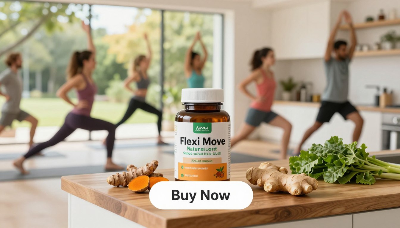 Create a vibrant and engaging image that showcases the "Flexi Move" natural joint support formula prominently in the foreground. The product should be elegantly displayed on a wooden kitchen counter among fresh ingredients like turmeric, ginger, and green leafy vegetables, emphasizing its natural composition. In the middle ground, depict a diverse group of active individuals in professional and modest casual clothing, engaged in various fitness activities like yoga, jogging, and stretching, radiating vitality and movement. The background should feature a bright, sunlit gym or outdoor park, symbolizing an active lifestyle. Use soft, natural lighting to create a warm and inviting atmosphere. The scene should convey a sense of health, energy, and community, with a clear and visible "Buy Now" CTA button overlay subtly incorporated into the image design. Create a vibrant and engaging image that showcases the "Flexi Move" natural joint support formula prominently in the foreground. The product should be elegantly displayed on a wooden kitchen counter among fresh ingredients like turmeric, ginger, and green leafy vegetables, emphasizing its natural composition. In the middle ground, depict a diverse group of active individuals in professional and modest casual clothing, engaged in various fitness activities like yoga, jogging, and stretching, radiating vitality and movement. The background should feature a bright, sunlit gym or outdoor park, symbolizing an active lifestyle. Use soft, natural lighting to create a warm and inviting atmosphere. The scene should convey a sense of health, energy, and community, with a clear and visible "Buy Now" CTA button overlay subtly incorporated into the image design.