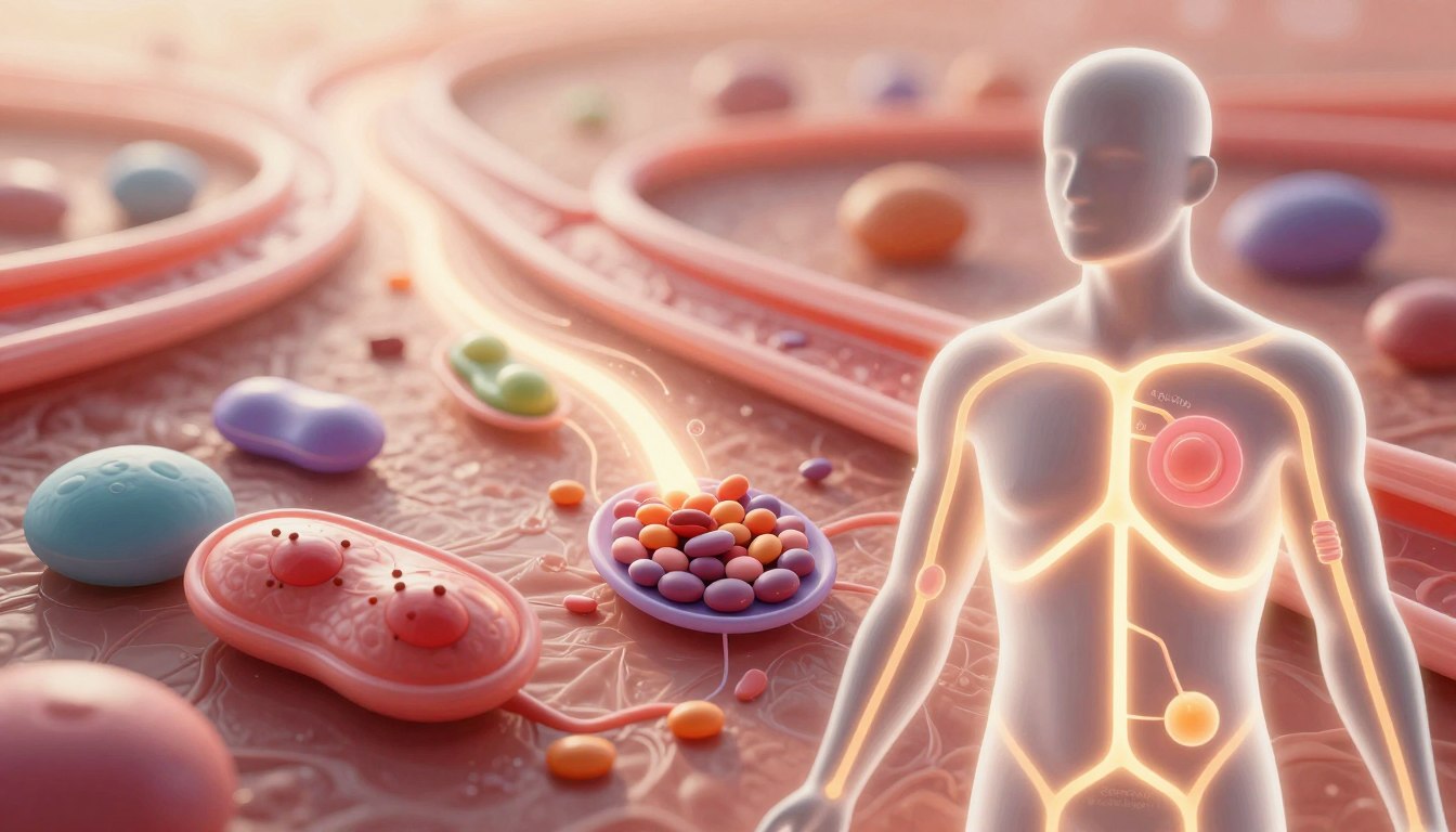 Create a visually engaging illustration that embodies the concept of "insulin sensitivity" in the context of glucose metabolism. In the foreground, depict a human silhouette with glowing, interconnected pathways symbolizing glucose and insulin interaction, emphasizing a state of balance. In the middle ground, show stylized cells absorbing glucose, with varied colors to represent healthy metabolic processes. The background should feature an abstract representation of a healthy bloodstream, with radiant light effects enhancing the dynamic flow of nutrients. Use soft, warm lighting to convey an uplifting mood, employing a soft focus lens effect for depth. Ensure the scene captures the scientific essence while instilling a sense of hope in managing glycemic health. Include "ZenSulin blood sugar" subtly integrated into the design without text overlays. Create a visually engaging illustration that embodies the concept of "insulin sensitivity" in the context of glucose metabolism. In the foreground, depict a human silhouette with glowing, interconnected pathways symbolizing glucose and insulin interaction, emphasizing a state of balance. In the middle ground, show stylized cells absorbing glucose, with varied colors to represent healthy metabolic processes. The background should feature an abstract representation of a healthy bloodstream, with radiant light effects enhancing the dynamic flow of nutrients. Use soft, warm lighting to convey an uplifting mood, employing a soft focus lens effect for depth. Ensure the scene captures the scientific essence while instilling a sense of hope in managing glycemic health. Include "ZenSulin blood sugar" subtly integrated into the design without text overlays.