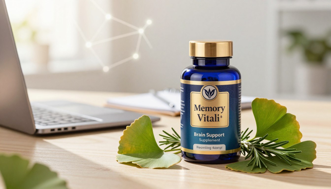 Generate an image of a sleek, modern bottle of "Memory Vitali Brain Support Supplement" prominently displayed in the foreground. The bottle should have an elegant design, featuring a blue and gold color scheme with intricate labeling that suggests potency and clarity. Surround the bottle with fresh, vibrant herbs like ginkgo biloba and rosemary to evoke a sense of natural ingredients and vitality. The middle ground should include a softly blurred workspace—a bright, sunlit office desk with a sleek laptop and a notepad, portraying productivity and focus. In the background, hint at a calm and serene environment with abstract shapes representing neural connections softly illuminated, enhancing the atmosphere of cognitive enhancement. Use warm, diffused lighting to create an inviting and optimistic mood, capturing the essence of mental clarity and well-being.