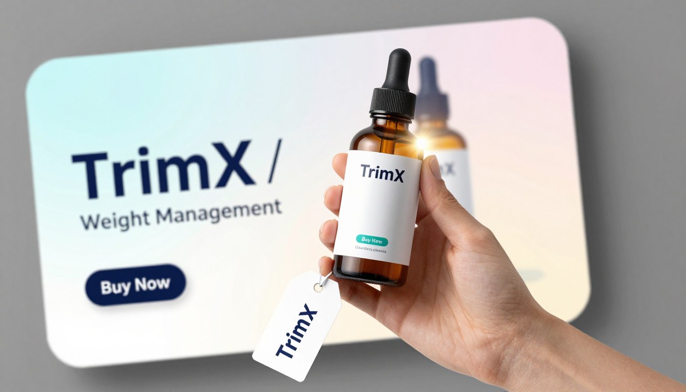 Hand holding a sleek, modern TrimX dropper bottle, showcasing the unique features of TrimX for weight management. The background displays a clean, minimalistic advertisement banner with a soft gradient, evoking a sense of calm and focus. A glowing aura surrounds the dropper bottle, highlighting its importance and effectiveness. In the foreground, an elegant price tag hangs off the side of the bottle, with a visually appealing "Buy Now" button nearby, inviting and dynamic. The lighting is bright and energizing, simulating a professional and health-conscious atmosphere. Capture this scene from a slightly elevated angle to emphasize the products and create depth, ensuring the brand name "TrimX / Weight Management" is subtly incorporated into the design, enhancing the product's visual appeal without overt text or distractions.